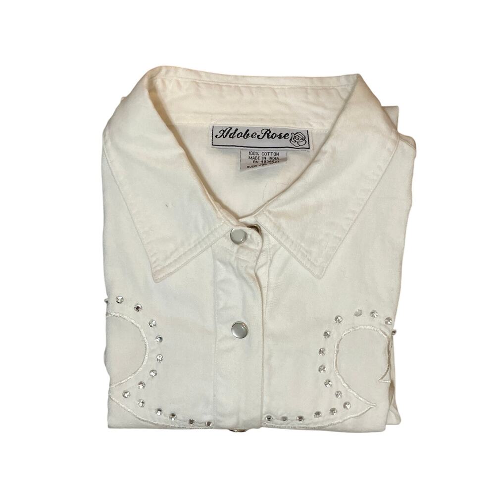 Vintage Adobe Rose Winter White Western Shirt Pearl Snaps/Bling XL